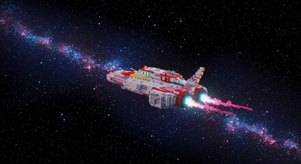 Retro futuristic toy spaceship traveling through the galaxy with colorful neon trails