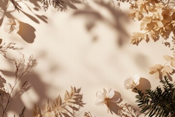 Naklejka premium Minimalist botanical background with copy space. Neutral toned showcase for new product demonstration, promotion sale, packaging presentation, cosmetic or merchandise. Light and shadow. Front view. 