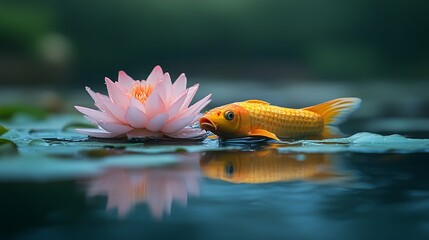 Goldfish and Pink Water Lily in Serene Pond