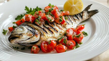 A fish is on a white plate with a side of tomatoes and parsley