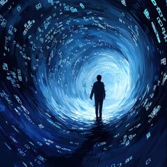 Into the Digital Abyss: A solitary figure walks towards a swirling vortex of digital code, representing the mystery and potential of the digital age.