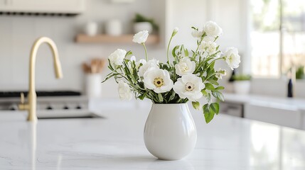 A vase of white flowers sits on a counter in a kitchen