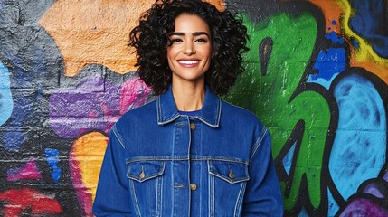 A model exudes confidence in a classic denim jacket, standing in front of a textured graffiti wall...