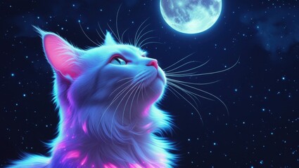 Fototapeta premium A luminous, tranquil feline with an enigmatic gaze stares upward, bathed in an aura of soft, pulsing neon hues that dance across its velvety fur, imbuing it with an otherworldly essence. The cat's rad