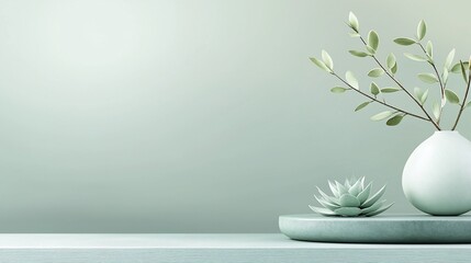 Minimalist green plant arrangement in a white vase on a light green table.
