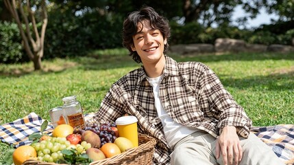 A sunlit picnic scene featuring a model wearing a stylish plaid shirt and comfortable chinos, relaxing on a checkered blanket spread across a vibrant green grass field, surrounded by a basket filled