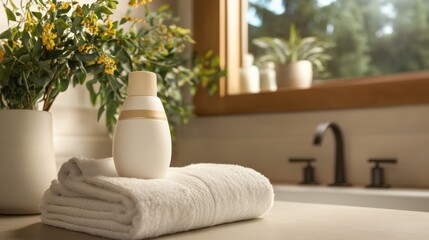 Luxurious bathroom essentials: elegant lotion bottle on fluffy towel in a serene setting, perfect for premium home decor inspiration.