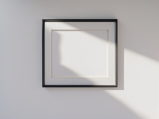 a rectangular black picture frame hanging on a clean white wall.
