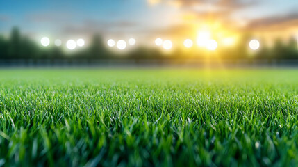 Golden hour bathes a vibrant green meadow in warm light, casting long shadows across the picturesque landscape