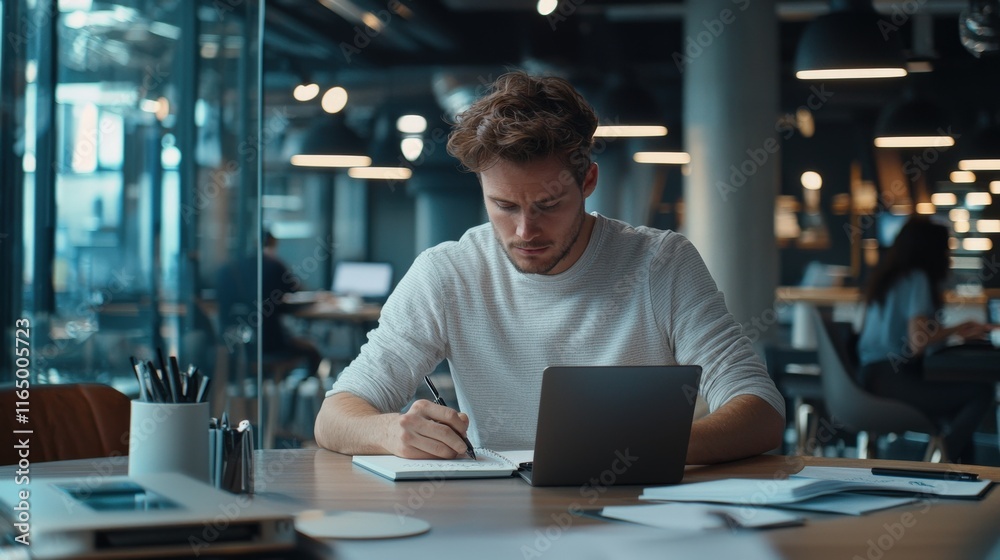 Poster a young professional writing in a notebook while working on a laptop in a modern coworking space.