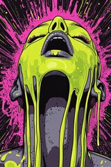 Abstract illustration of a woman's face with vibrant lime green paint dripping down.  Her expression is one of ecstasy or pain.