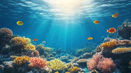 Obraz premium Vibrant underwater scene showcasing coral reefs and colorful fish in a sunlit ocean.