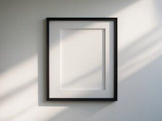 a rectangular black picture frame hanging on a clean white wall.