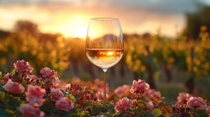 Glass of wine among roses at sunset in vineyard.