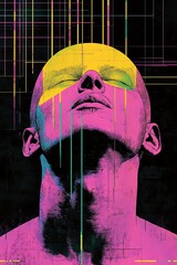 Abstract portrait of a bald man with vibrant pink, yellow, and teal paint streaks against a dark background with colorful lines.