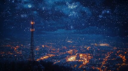 Fototapeta premium Night Cityscape with 5G Tower under Starry Sky