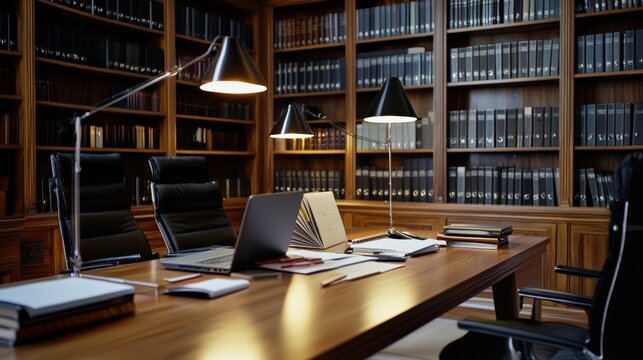 A legal assistant organizing case files on a large wooden table in a law office.