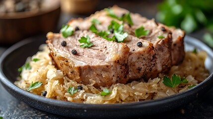 A close-up shot of a hearty plate of sauerkraut and pork, featuring tender slices of pork roast resting on a bed of tangy, golden sauerkraut, garnished with fresh parsley and cracked black pepper,