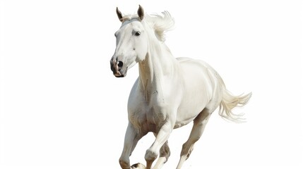 Fototapeta premium A white horse running against a plain background, showcasing grace and beauty.