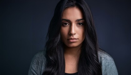 close up photo of a woman with long black hair looking disappointed, black background