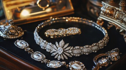 Obraz premium Elegant Vintage Jewelry Showcase with Sparkling Gemstone Details