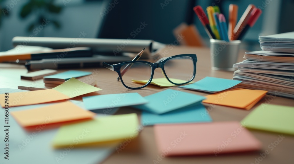 Aufkleber A brainstorming session with colorful sticky notes and markers scattered across a table