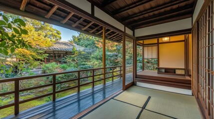 Tranquil Japanese Garden View from Traditional Wooden Pavilion