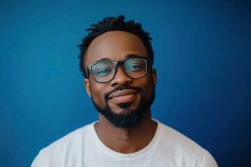 Obraz premium Portrait of handsome African-American man wearing glasses and looking at camera smiling while posing against deep blue background, copy space