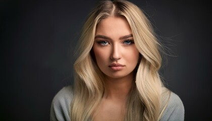 Fototapeta premium portrait of a woman, close up photo of a blonde long haired woman staring intently at the camera, long haired model woman with black background