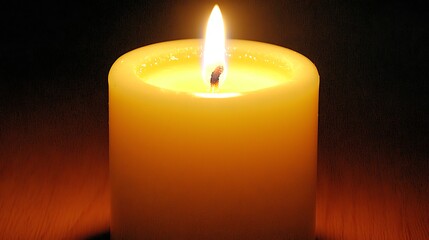 A candle is lit and is sitting on a wooden table