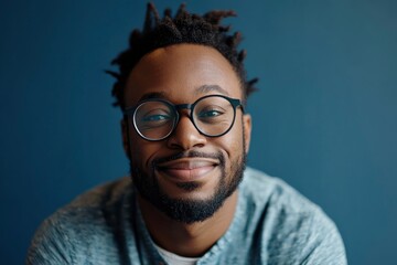 Obraz premium Portrait of handsome African-American man wearing glasses and looking at camera smiling while posing against deep blue background, copy space