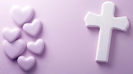 Obraz premium Purple Hearts and a White Cross on Lavender Background