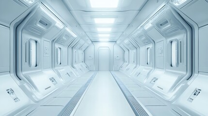 Obraz premium A futuristic, sterile corridor with smooth surfaces and bright lighting.