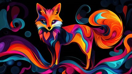 A vibrant fox made of swirling colors stands against a black backdrop. Ideal for phone backgrounds or artistic prints.