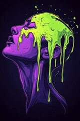 Abstract portrait of a woman with vibrant lime green and purple paint dripping down her face and head, set against a dark background.