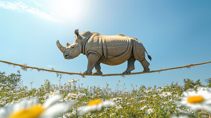Fototapeta premium Rhinoceros walking on a tightrope, clear blue sky and green meadows below.