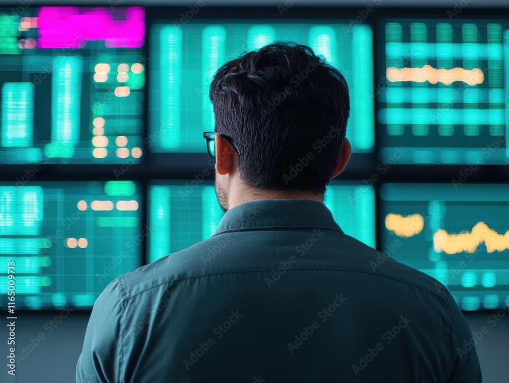 Poster businessman analyzing data on multiple screens in control room