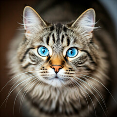 The tabby cat's soft fur frames its piercing gaze, accentuated by a mesmerizing pair of bright blue eyes. Its curious expression beckons us to explore the depths of its enigmatic world.