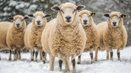 Sheep in the snow on an English countryside field, grazing with snowy winter landscape and trees in the background, wide panoramic view.