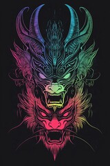 Fototapeta premium Artistic depiction of three vibrant, stylized dragon heads in a layered, symmetrical composition against a dark background.