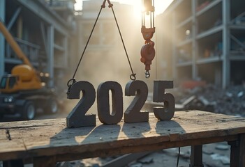engineer working table and construction-crane are lifting year 2025 in concrete cube replace the passed year 2024.new year party and change new business.
