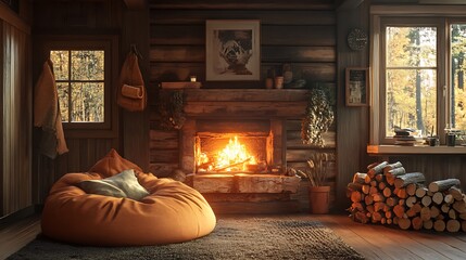 A cozy cabin interior with an oversized bean bag chair positioned in front of a glowing fireplace, wooden logs stacked nearby, earthy tones dominating the space, and a sense of warmth and relaxation,