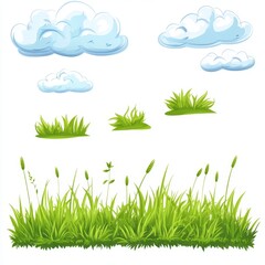 Obraz premium Vibrant Green Grass Field with Cartoon Clouds on White Background - Illustration of Textured Nature Concept for Design and Copy Space
