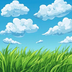 Vibrant, detailed green grass with light clouds in a whimsical cartoon style, fully isolated for campaign designs.