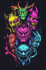 Colorful illustration of six demonic faces with horns, fangs, and glowing eyes, arranged vertically against a dark background.