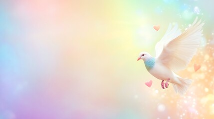 Fototapeta premium White Dove Soaring Through Pastel Sky With Hearts