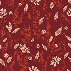 Cute monochrome, leaves, floral, line art, illustration, background, seamless pattern, repeat print, maroon, packaging, clothing, textile fabric vector artwork