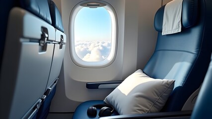 A detailed view of an airplane cabin interior focusing on a window seat with a view of fluffy clouds and a clear sky. A travel pillow and headphones are placed on the seat