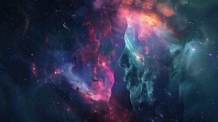 A cosmic scene blending human features with vibrant nebulae and galaxies.