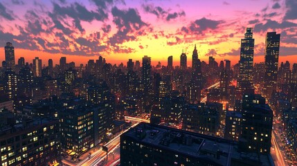 Fototapeta premium Vibrant sunset over a cityscape at twilight.